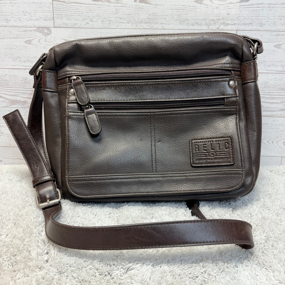 Relic Brand Dark Brown Pebbled Faux Leather Crossbody Messenger Bag Multi Pocket